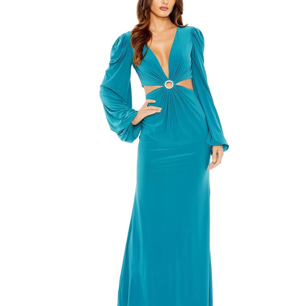 NWT Mac Duggal Blue Plunge Neck Bishop Sleeve Gown, size 4